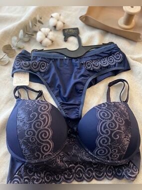 NWT D’Mines Brazilian Lingerie Set Navy Blue Lace Bra & Panty Size L